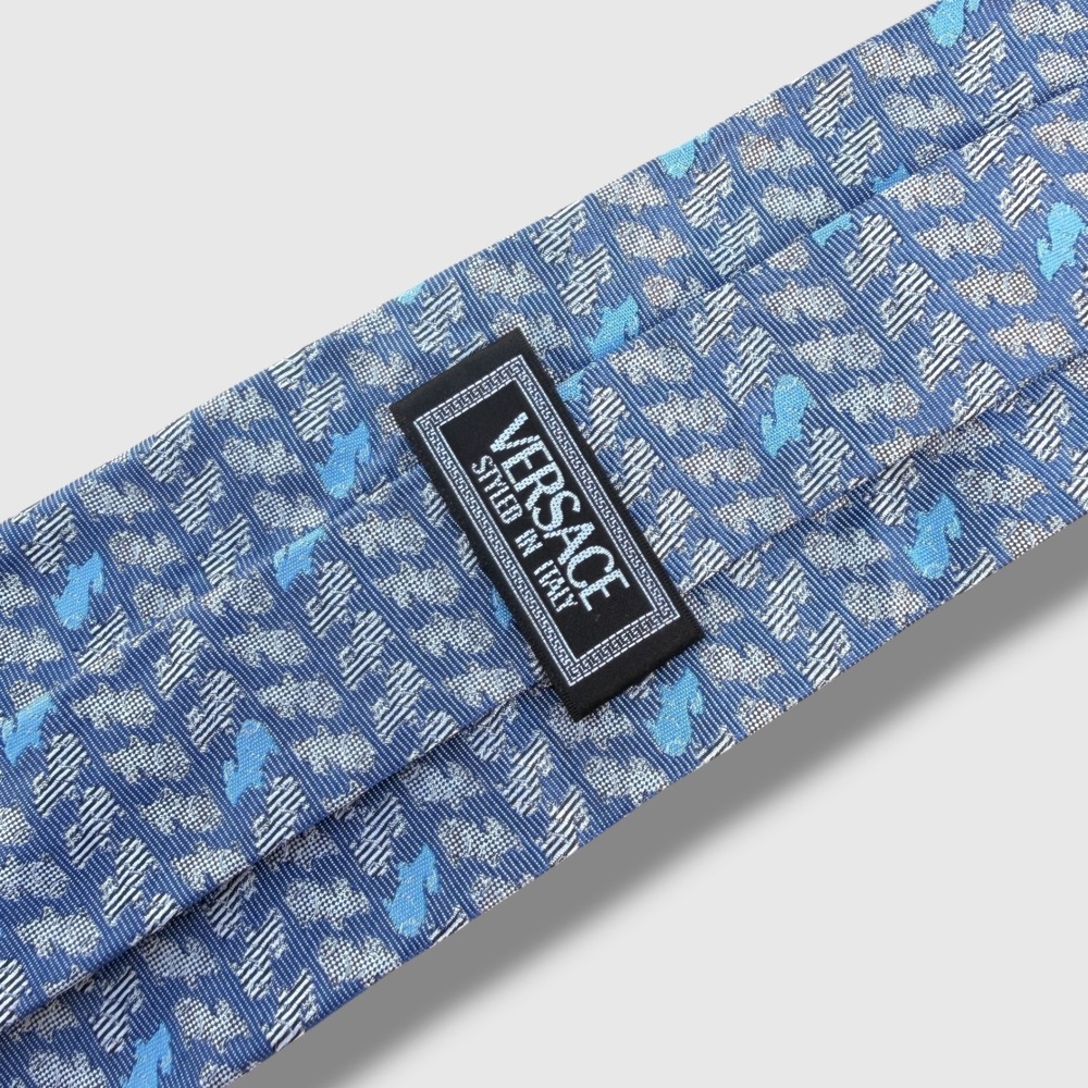 Versace Silk Necktie Mens Blue‎ Seahorse Geometric Jacquard Italian Fabric